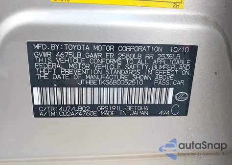 2011 Lexus Gs 350 from USA, damaged, VIN JTHBE1KS6B0052510